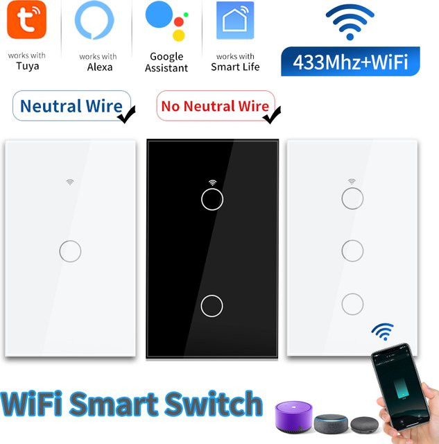 Tuya WiFi Smart-Lichtschalter RF433 US Wand-Touch-Schalter aus Glas in Weiß mit Smart Life App-Steuerung, kompatibel mit Amazon Alexa und Google Assistant, B/T/H: 7,4 x 12,0 x 3,4 cm - Bild 1