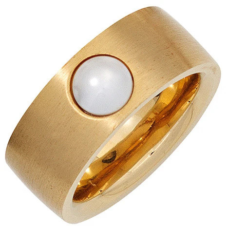 Colfem Ring Damen, Edelstahl, goldfarben beschichtet, Perle, Größe 52 - Bild 1