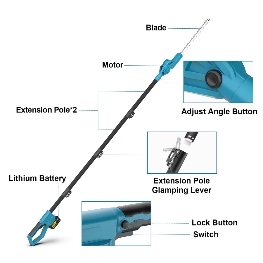 Gisam Bürstenloser Elektrischer Hochastschneider und Teleskop-Heckenschere in Blau für Makita LXT 18V Akku - Bild 5
