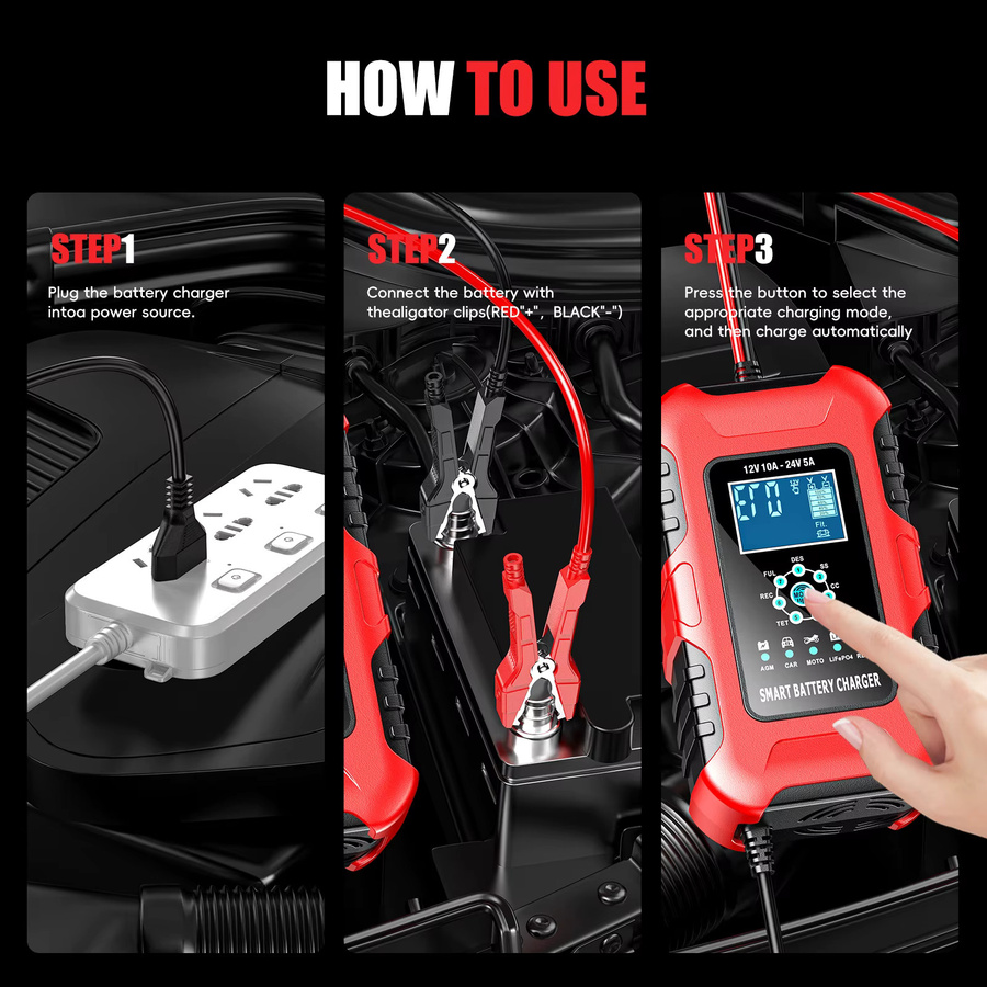 Podofo Intelligentes Auto- und Motorrad-Batterieladegerät in Rot mit 7-Stufen-Ladung, Pulsreparatur und Wartungsfunktion für 6-180Ah AGM Batterien - Bild 8