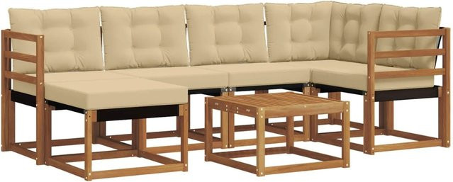 vidaXL Sofa Set 7-teilig L-Form aus Akazienholz und Textilene in Natur-Beige mit Kissen - Bild 1