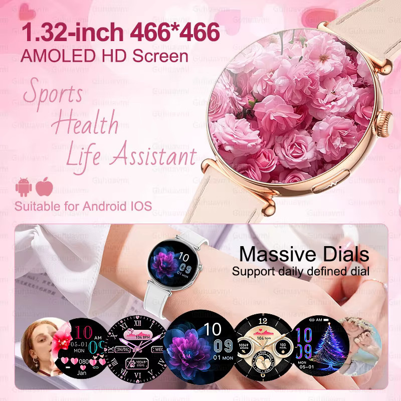 GUHUAVMI Smartwatch für Frauen mit 1,32 Zoll AMOLED Bildschirm, Pink, mit Anruffunktion und EKG-Messung - Bild 2