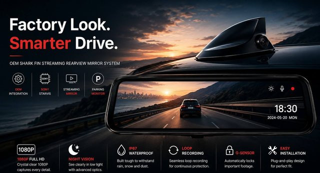 OEM Haifischflossen-Streaming-Spiegel-Dashcam mit Sony STARVIS 1080P Full HD, Nachtsicht und IP67 Parküberwachung, Schwarz - Bild 1