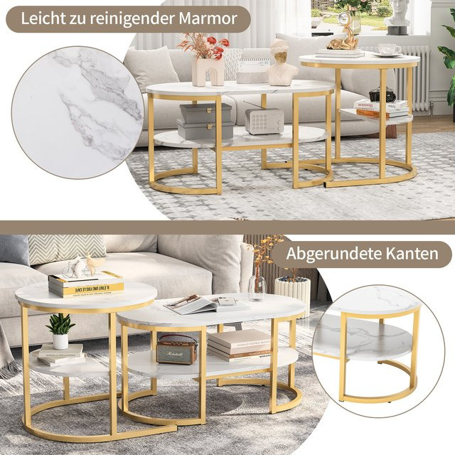 Rosahqnda 2er-Set moderne Couchtische mit Marmormuster und Metallgestell in Weiß - Bild 1