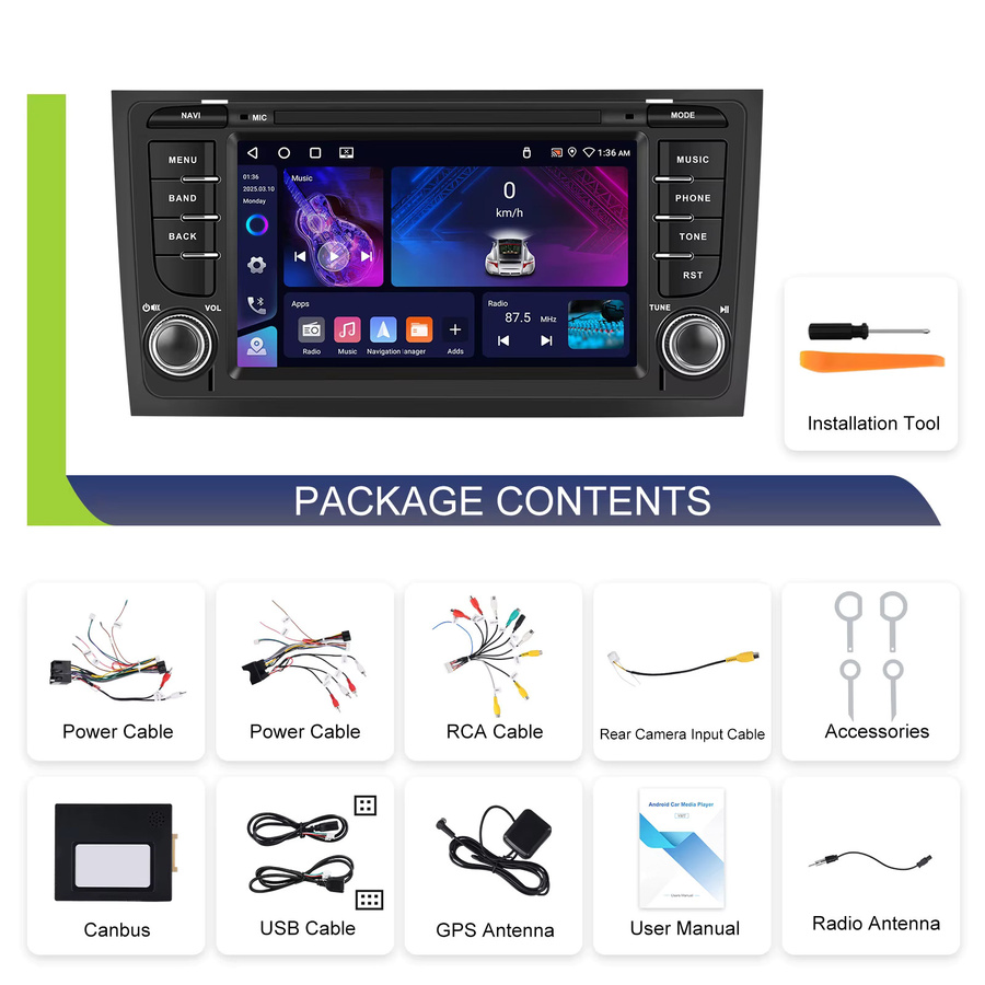 Podofo CarPlay Android Radio für Audi A6 C5 1997-2004 mit GPS, 2DIN Multimedia Player in Schwarz - Bild 5