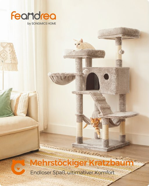 FEANDREA Kratzbaum für Katzen mit Höhle, Hängematte und ersetzbarem Sisal in Braun-Weiß-Grau, Höhe: 135 cm - Bild 1
