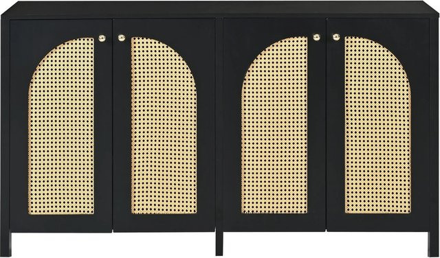 okwish Sideboard mit Rattantüren und Metallgriffen in Schwarz, B/T/H: 145 x 40 x 80 cm - Bild 1