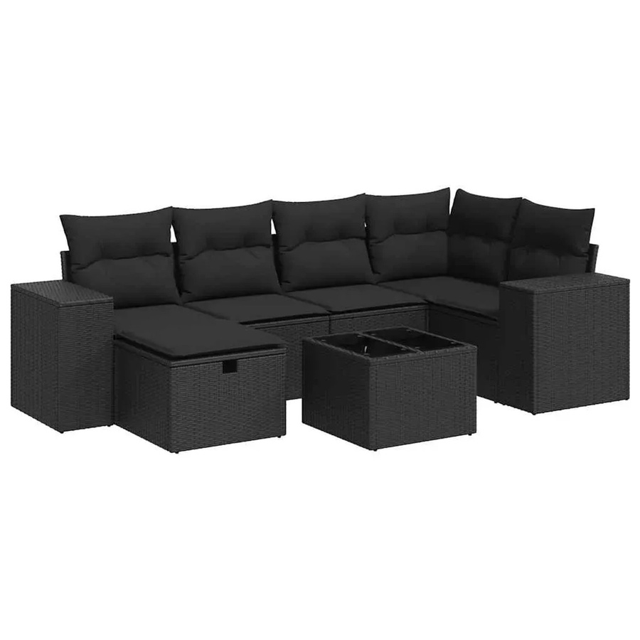 vidaXL 7-teilige Garten-Sitzgruppe aus Polyrattan in Schwarz mit UV-beständigen Kissen und L-Form - Bild 2