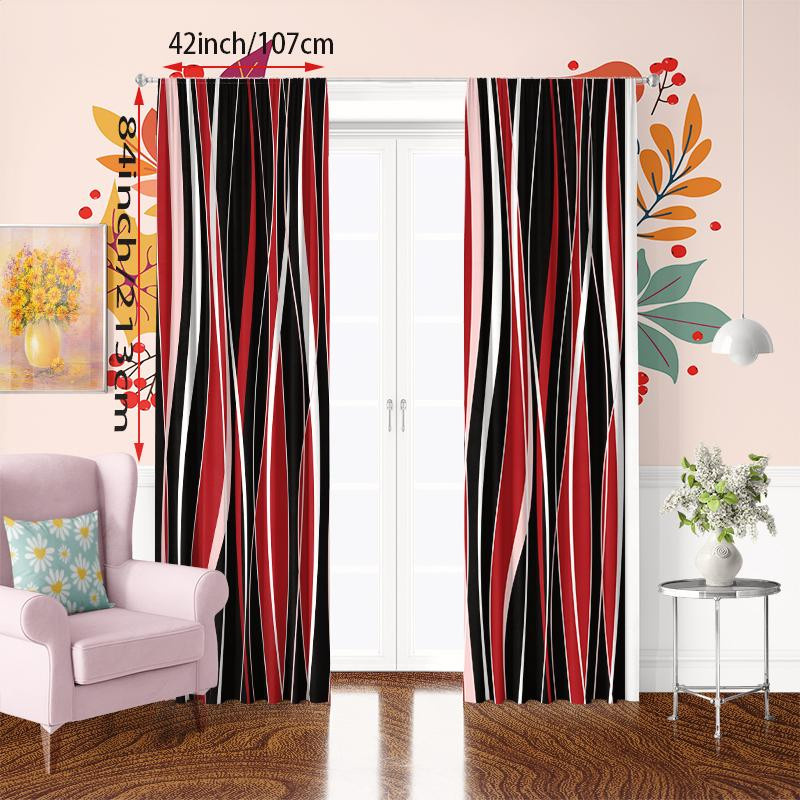 2er-Set HD-gedruckter Vorhang mit roter Linie aus Polyester, semi-transparent, modern gestreift, Farbe: Rot/Schwarz/Weiß, B: 60 cm, H: 150 cm - Bild 1