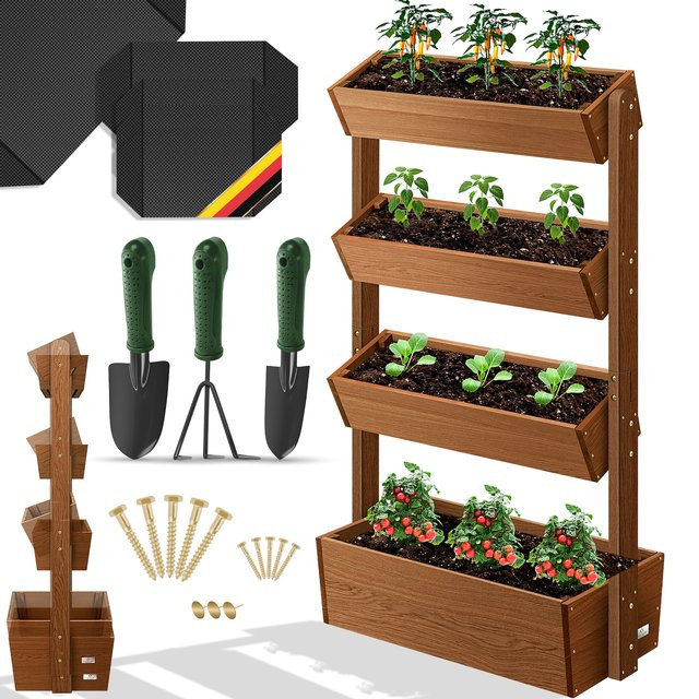 KESSER Hochbeet mit Etagen aus Tannenholz in Braun als Blumenkasten und Pflanztreppe inklusive Gartenvlies für Garten, Terrasse und Balkon - Bild 1