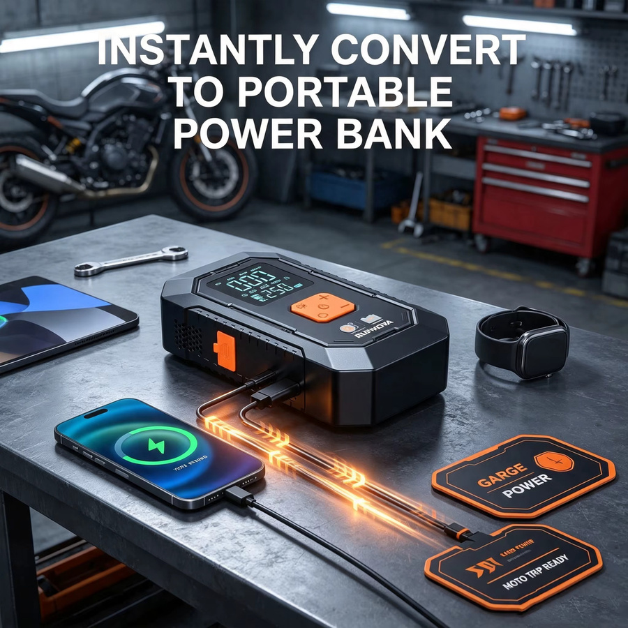 BSMOOM 1500A Starthilfe-Powerbank mit integrierter Luftpumpe und 25000 mAh Akku für Benzin- und Dieselmotoren bis 10,0L, Schwarz - Bild 2