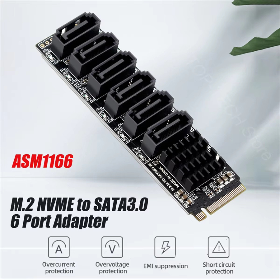 M.2 NVMe auf 6 Port SATA 3.0 Adapter Karte mit ASM1166 Controller für PC und Server, Schwarz - Bild 2