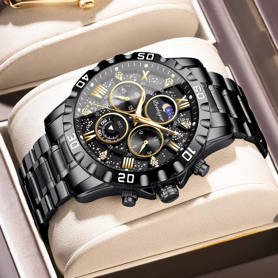 POEDAGAR Chronograph Armbanduhr, Quarz, Edelstahl, Schwarz, Herren - Bild 2