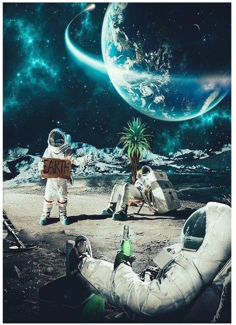 Moderne Leinwandmalerei PanitingArt Astronaut trinkt Bier auf dem Mond, Wandkunst Motiv Erde Zerstörung, Farbe: Elfenbein, Breite: 30 cm, Höhe: 40 cm - Bild 1