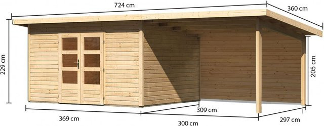 Gartenhaus aus Holz NORTHEIM 4 mit 38 mm Wandstärke in Naturbelassen, inklusive Anbaudach und Rückwand, B/T/H: 369 x 309 cm - Bild 1
