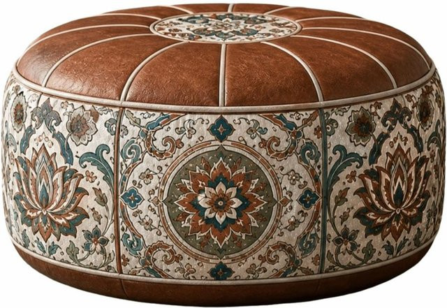 GuxuDZ Hocker-Pouffe mit Boho-Muster und floralem Design aus braunem PU-Leder, Aufbewahrungsbank für das Schlafzimmer, Höhe: 35 cm - Bild 1