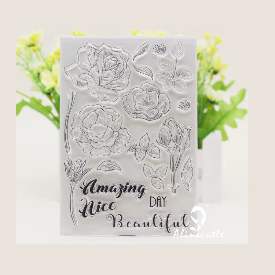 Alinacutle Silikonstempel mit Blumen und Rosen Motiv in Transparent und Pink für Scrapbooking und Handwerk - Bild 1