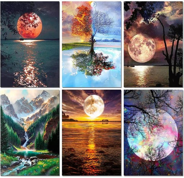 QIZITENG 5D Diamant Malerei Mond Baum Landschaft Mosaik Set, Rund, Mehrfarbig, Durchmesser: 20 cm - Bild 1