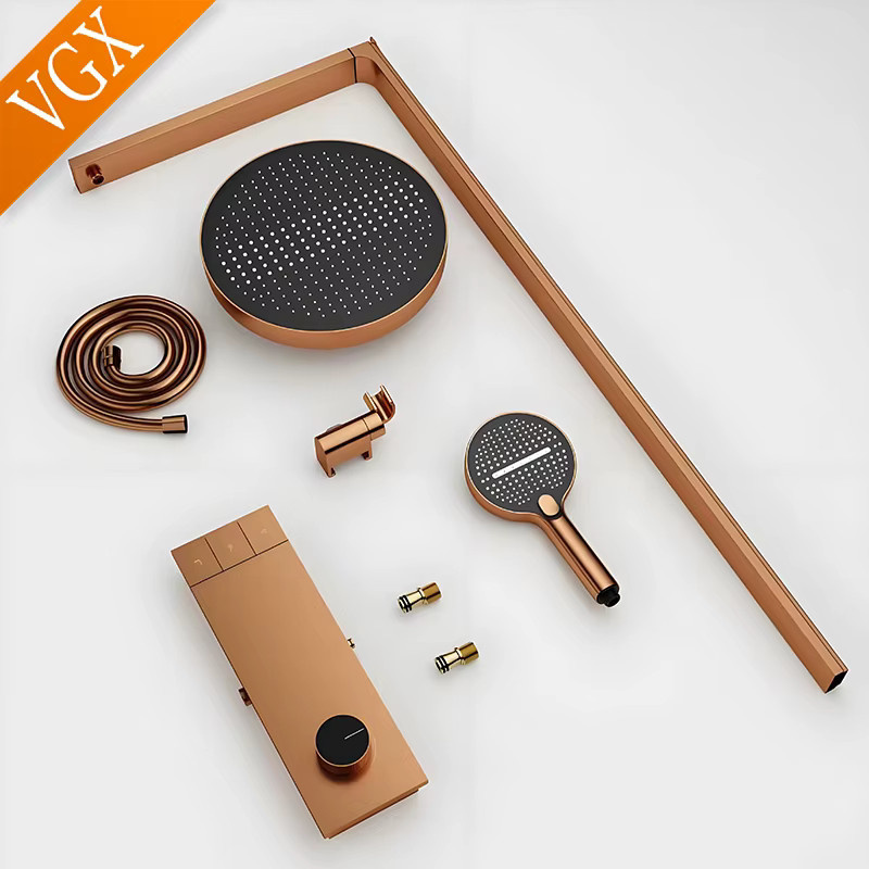 VGX Gold Badezimmer-Duschsystem aus Messing in Roségold mit Regenduschkopf und Duschmischer - Bild 2