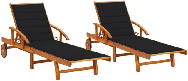 vidaXL Sonnenliegen Set aus 2 Stück aus Akazien-Massivholz mit schwarzen Auflagen - Bild 1