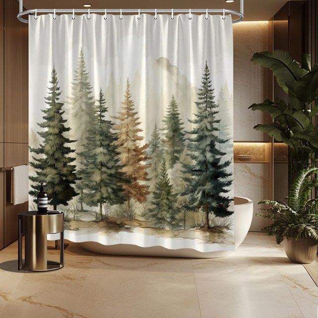 Dai Jiaochuan Duschvorhang Ruhiger Wald mit Kiefern und Nebellandschaft aus Polyester, Mehrfarbig, B: 90 cm, H: 180 cm - Bild 1