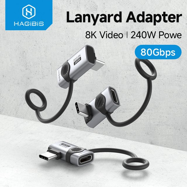 Hagibis USB-C-zu-C-Adapter mit Trageband, 240 W, 80 Gbit/s, 90-Grad-Konverter, 8K-Video-USB4-Adapter für MacBook und iPhone 17 Pro sowie Tablet - Bild 1