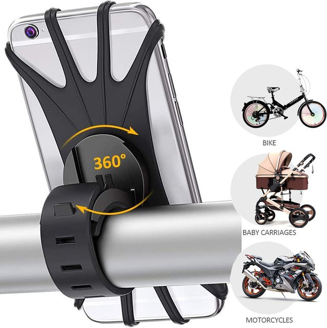 360 Grad drehbarer Silikon-Fahrrad-Telefonhalter in Schwarz für iPhone, Motorrad und Fahrrad, rutschfeste Smartphone-Halterung für das Radfahren - Bild 1