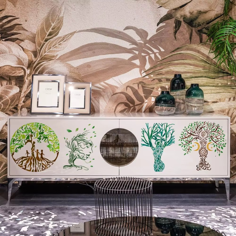 4 Stück Baum des Lebens Zeichenschablonen Set mit Pinsel, Malvorlagen mit Motiven wie Göttinnenbaum, Mond, Stern und Spirale, 2 Größen, aus Kunststoff - Bild 4