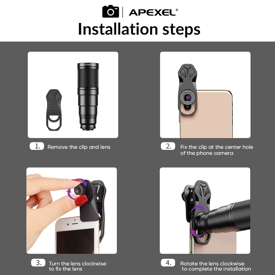 Apexel 10 in 1 Handy-Objektiv-Kit in Schwarz mit 22x Tele, Fisheye, Weitwinkel, Makro und CPL Star-Flow-Filter für alle Smartphones - Bild 3