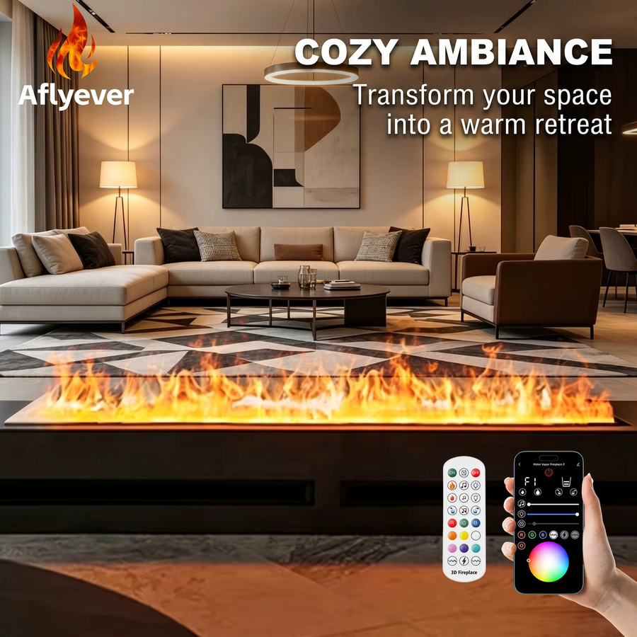 Aflyever Wasser-Elektrokamin mit 3D-Nebel-Flammeneffekt in Schwarz, Einbau-Dampfkamin mit App-Steuerung und Fernbedienung - Bild 2