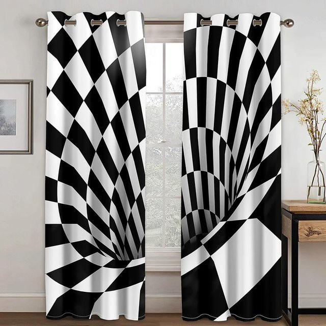 Yiran Furniture Schachbrettgardine mit geometrischem Muster in Schwarz-Weiß, 2er-Set, halbtransparent, B: 60 cm, H: 50 cm - Bild 1