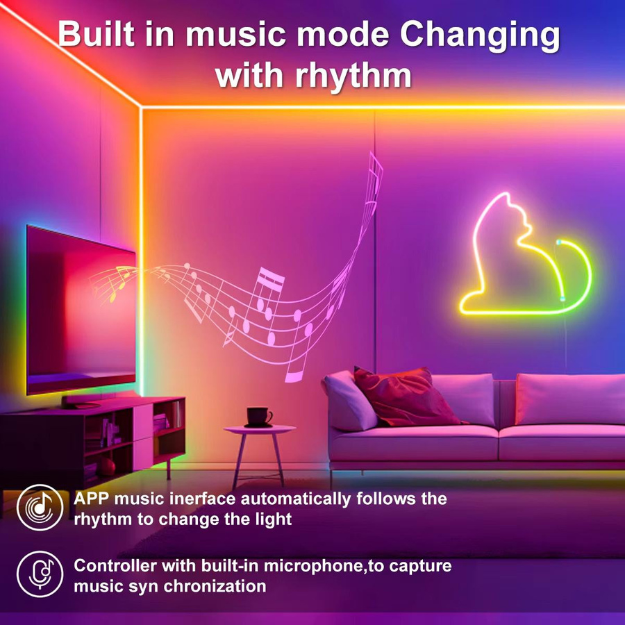 Saimili RGBIC Neon LED Streifenlicht, 1m bunt, USB 5V wasserdichtes Neon Flex Seil mit App Bluetooth WLAN Musiksynchronisation und Fernbedienung für Gaming-Raum und Party Dekoration - Bild 3