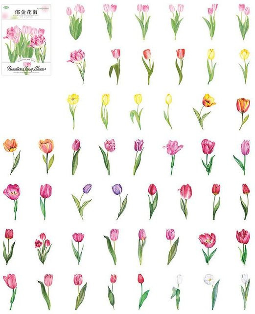 100 Stück Blumen Abziehbild Aufkleber Serie Grenzenloses Meer von Blumen, PET Pflanze Aufkleber in Beige und Multicolour von OutsideWorld - Bild 1