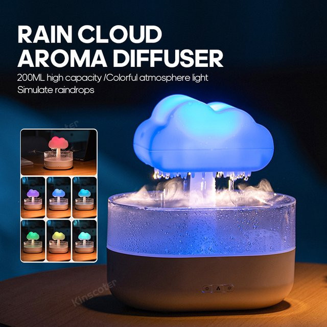 KINSCOTER Regenwolken Aromadiffusor Zen Regentropfen Luftbefeuchter mit Ultraschall-Technologie und Duftfach in Weiß - Bild 1