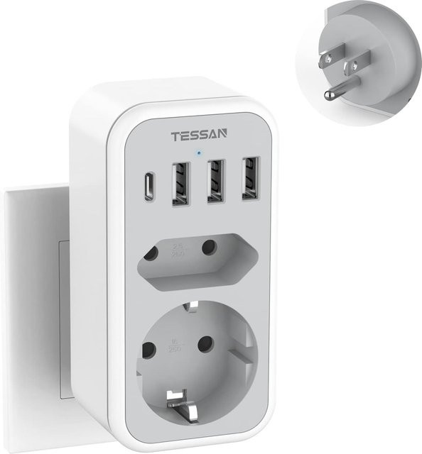 TESSAN Steckdosenadapter für USA, Kanada, Frankreich und Mexiko mit 3 USB-A und 1 USB-C Port in Grau - Bild 1