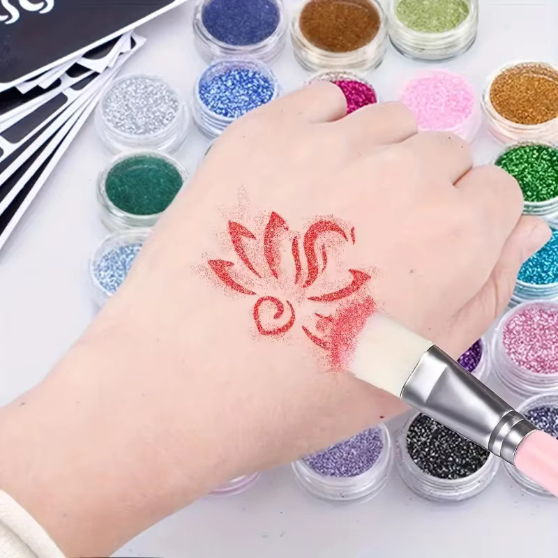 Veronni Temporäres Glitzer-Tattoo-Set, 24 Farben, 2 Kleberflaschen, 3 Schablonenblätter - Bild 5