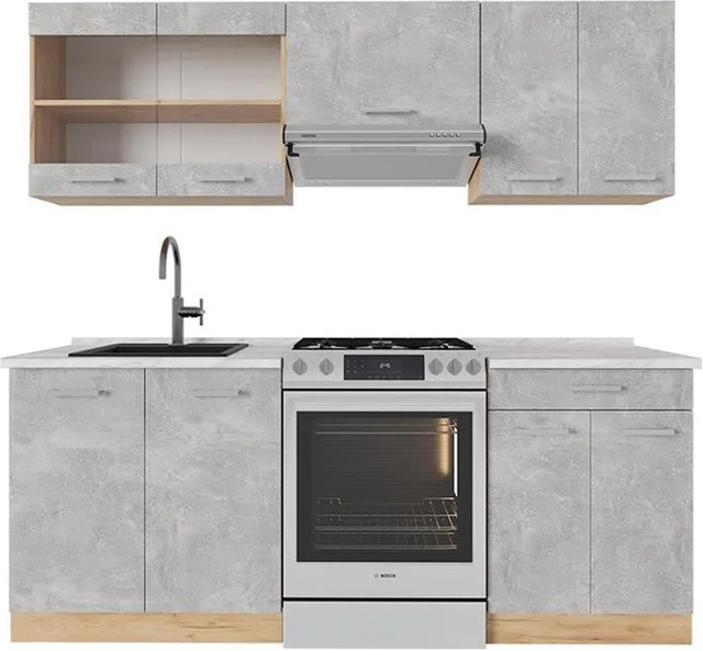 Vicco R-Line Küchenzeile Beton Goldkraft Eiche in Marmor-Optik, Breite: 200 cm - Bild 1
