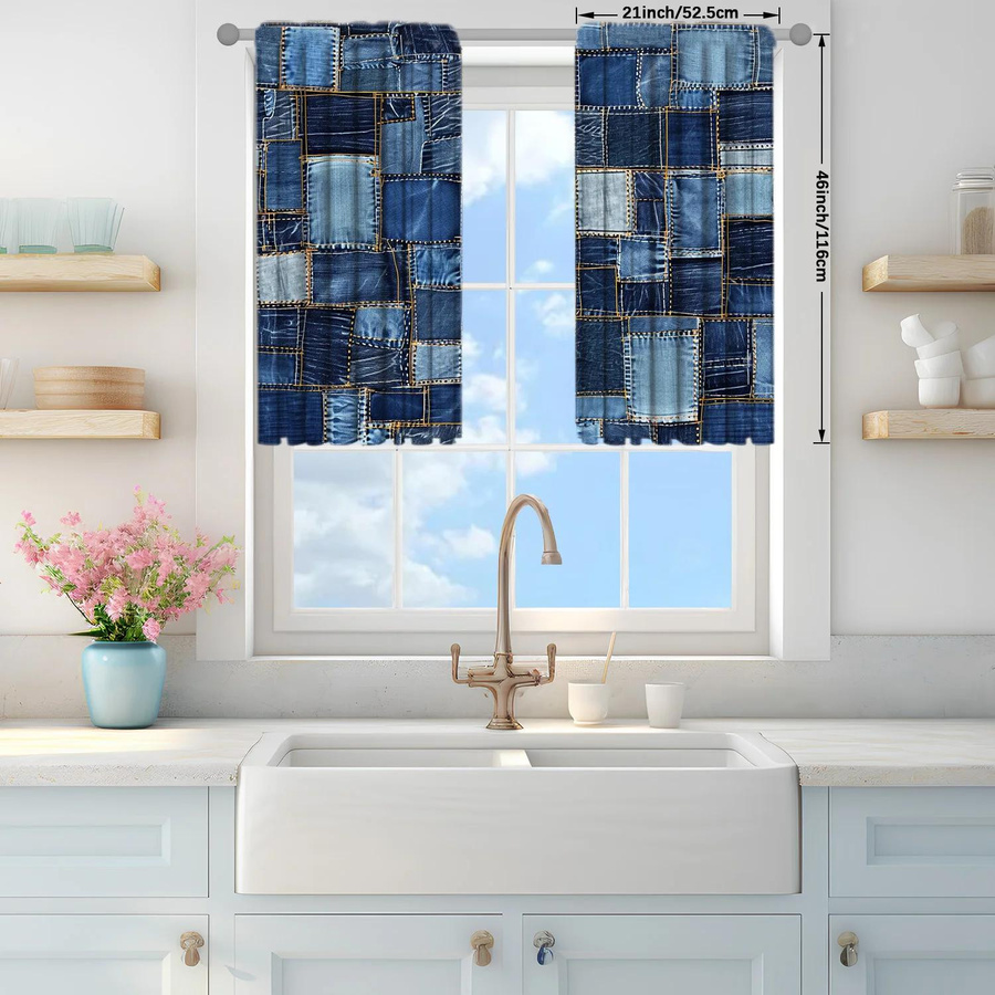 2er-Set Jeans Patchwork Vorhang mit Grafikprint, halbtransparent, moderner Stil, B: 75 cm, H: 165 cm - Bild 2