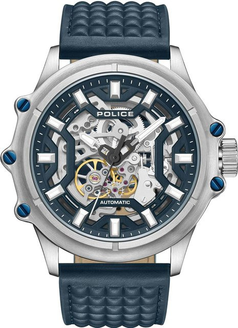 Police Herrenuhr Luang, Automatik, Edelstahl, Blau, Leder, 46 mm - Bild 1