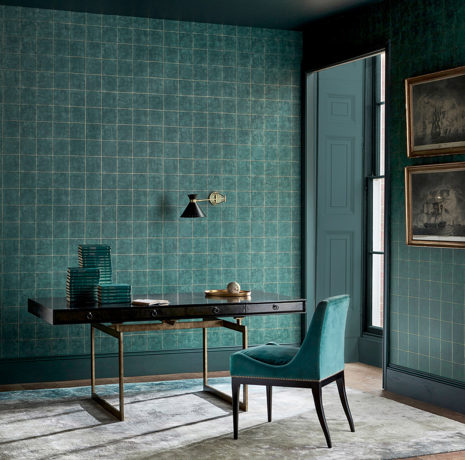 Zoffany Tapete Piastrella Huntsman Green mit geometrischem Muster in Gold und Silber - Bild 1