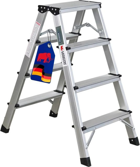 PROREGAL Stufenstehleiter Aluminium Silber, beidseitig begehbar, 2x4 Stufen, H x B x T: 78 x 35 x 69 cm, Traglast 150kg - Bild 1