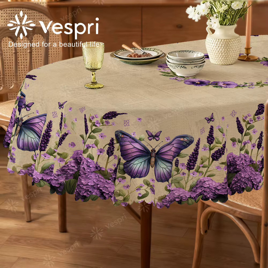 Vespri Tischdecke mit Frühlings-Blumen- und Schmetterlingsmuster in Lila und Beige aus Polyester, Durchmesser: 152,4 cm - Bild 2