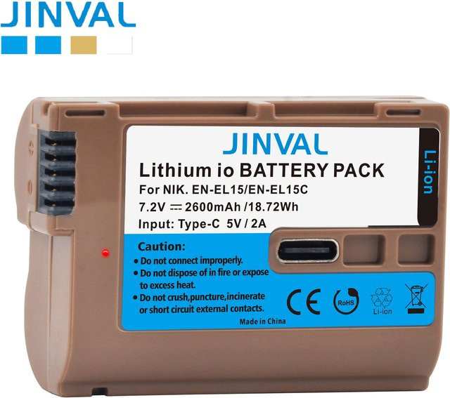 JINVAL EN-EL15C Ersatzakku mit 2600 mAh und USB-C Eingang für Nikon Z5, Z6, Z6 II, Z7, Z7II, D7000, D7100, D7200, D850 und D750 - Bild 1