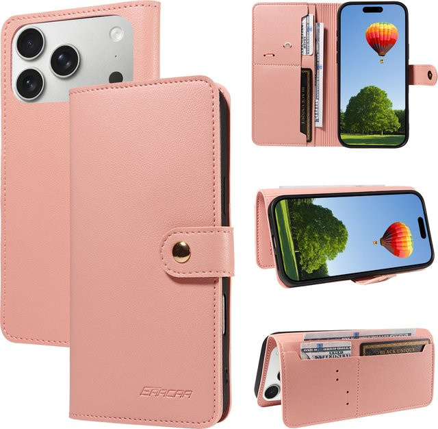 EAACAA Leder Wallet Handyhülle für Samsung Galaxy S25 S24 S23 S22 S21 S20 S10 S9 S8 Edge Plus FE Ultra Note20 in Beige und Pink - Bild 1
