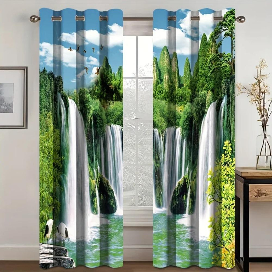 Yiran Furniture Vorhang Set mit Wasserfall Vogel Kran Motiv aus Polyester, halbtransparent, Mehrfarbig, B: 50 cm, H: 100 cm, 2 Stück - Bild 1