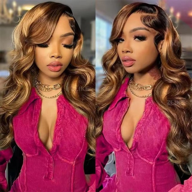 UVEOUS Echthaarperücke, Lace Front Perücke, Body Wave, P4/27 Highlight - Bild 1