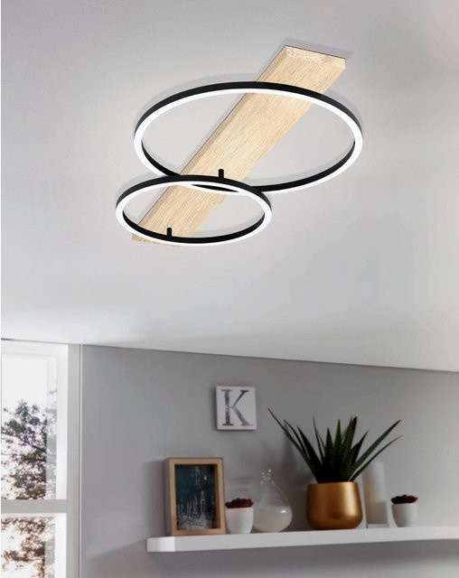 Eglo LED Deckenleuchte Boyal Schwarz-Braun mit Eichenfurnier und Metall, rund - Bild 1