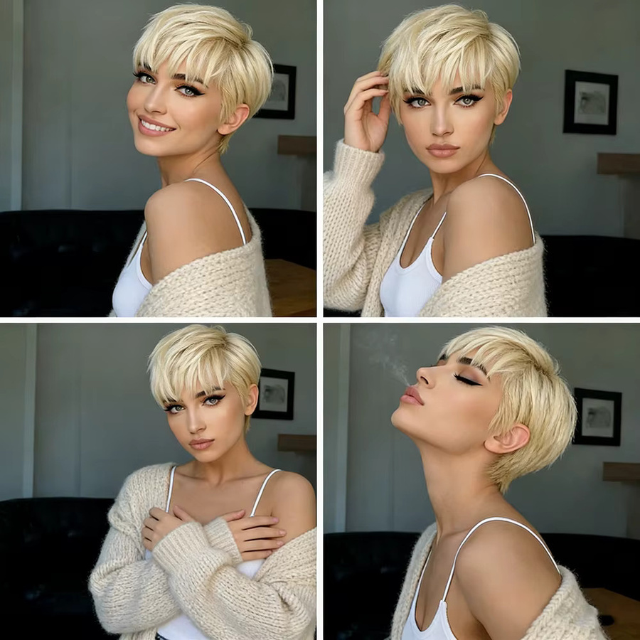 OYM HAIR Blonde Pixie-Cut-Perücke mit Pony, Damen, Brasilianisches Haar - Bild 2