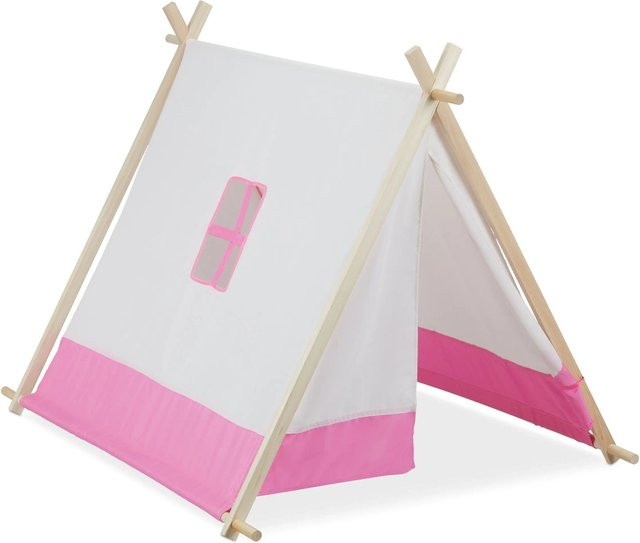 Relaxdays Tipi Zelt, Polyester Holz, Weiß Rosa, mit Fenster - Bild 1