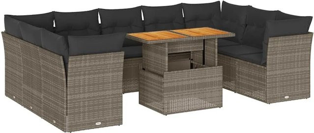 vidaXL 10-teilige Garten-Sofagarnitur in L-Form aus Poly-Rattan und Akazienholz mit Kissen in Grau - Bild 1
